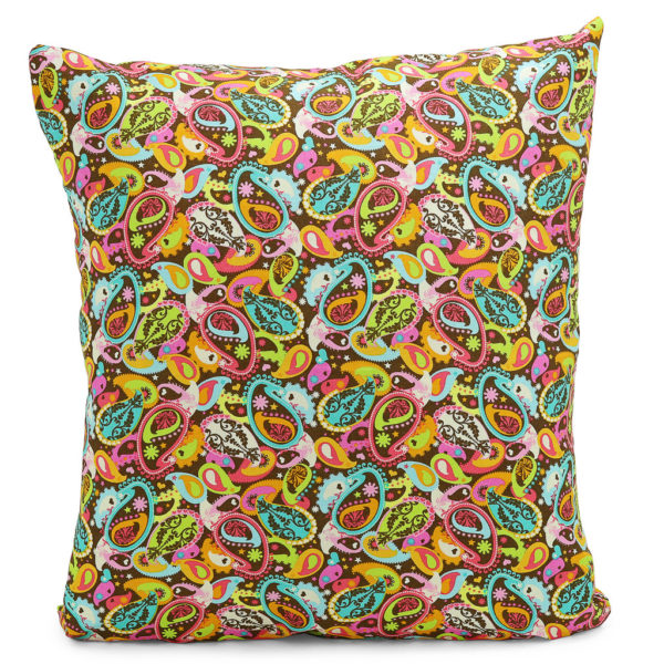 Cushion with a pink, blue and yellow floral design.