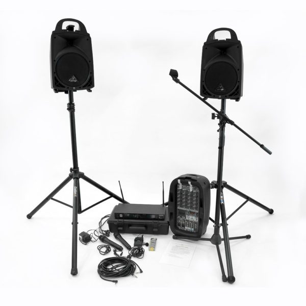 PA speaker system.

Package includes:
P.A with two speakers
Speaker stands x 2
Receiver x 1 (includes 2 antennas and power cable)
Microphones x 2
MIcrophone stand x 1
Lapel microphone x 1
Madonna microphone x 1
Speaker cables x 2
Power cable x 1
Auxillary cable x 1
Batteries AA x 1 pack (back up for microphone)
Instructions